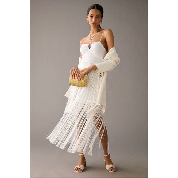 NEW Anthropologie Delfi Collective White Fringe Cocktail Wedding Dress Large - Picture 1 of 6